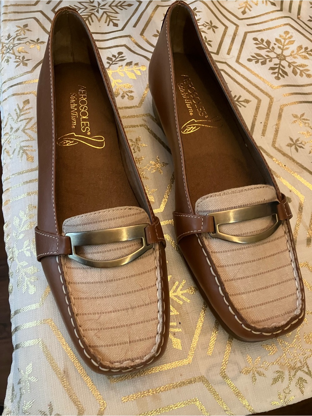 AEROSOLES Brown Leather Loafers with Beige Fabric Vamp and Gold Accent